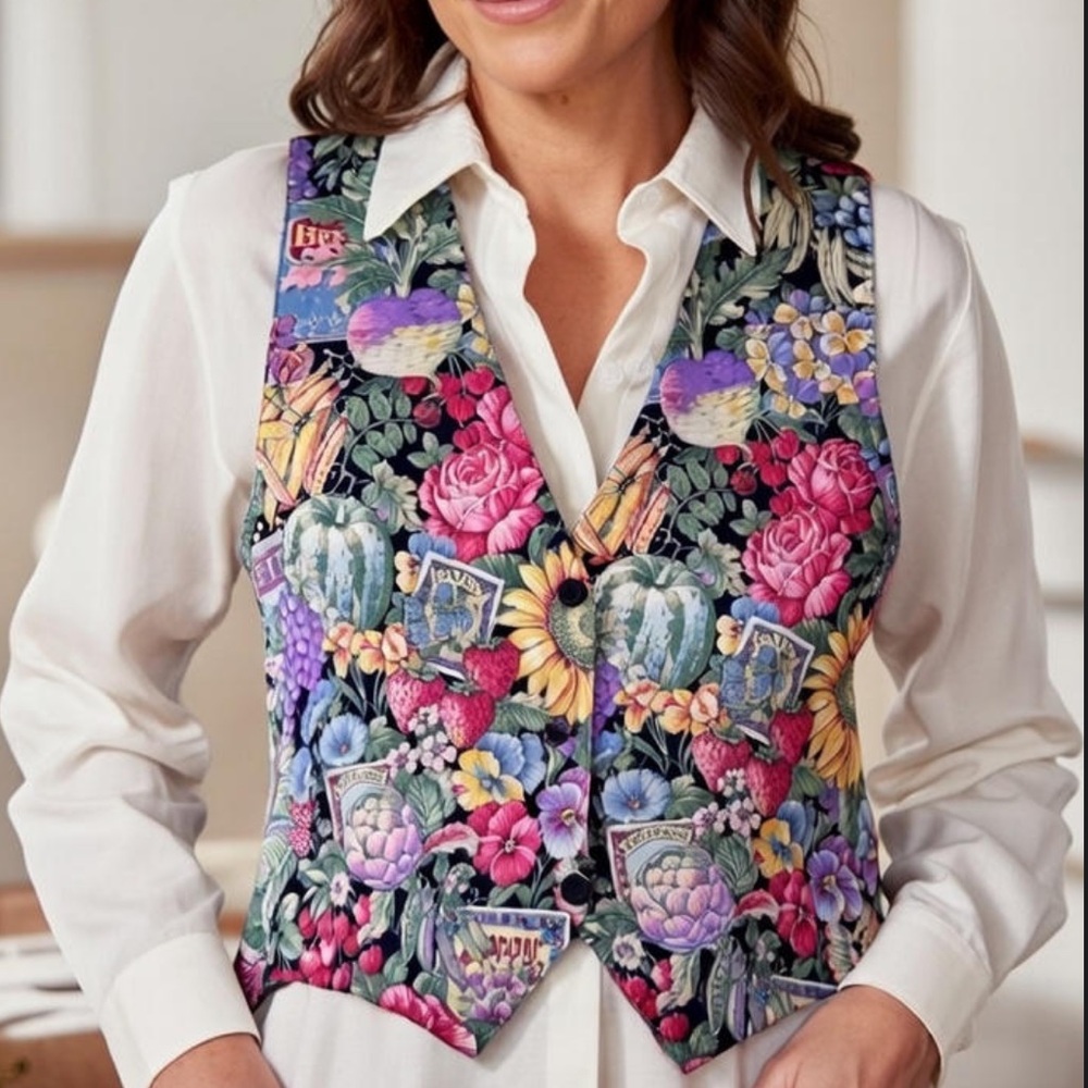 Garden Vest Cotton Large Fruit & Flowers Linda Tilson